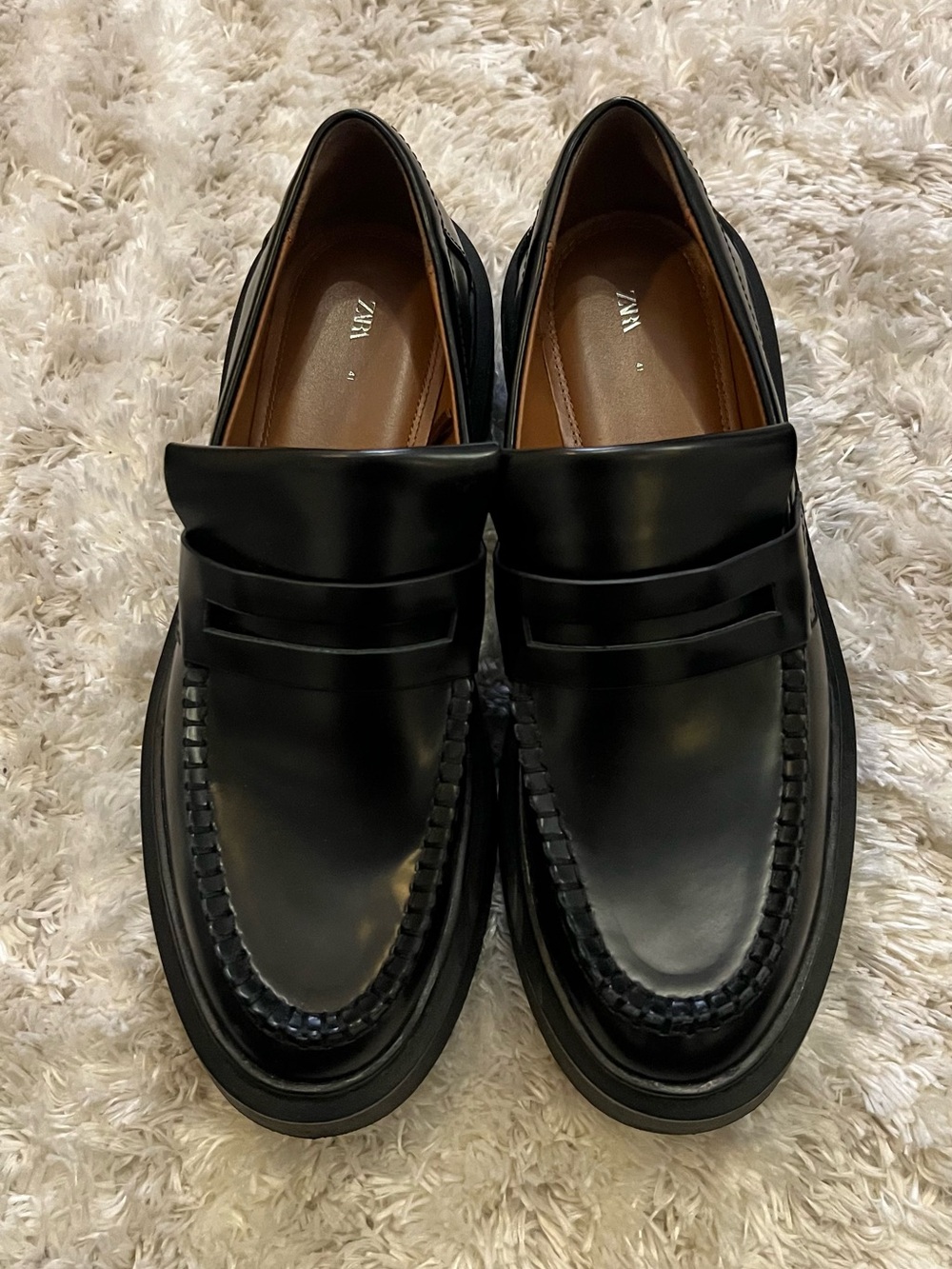 Zara 3 pairs women  Black Leather Penny Loafers with Moc Toe